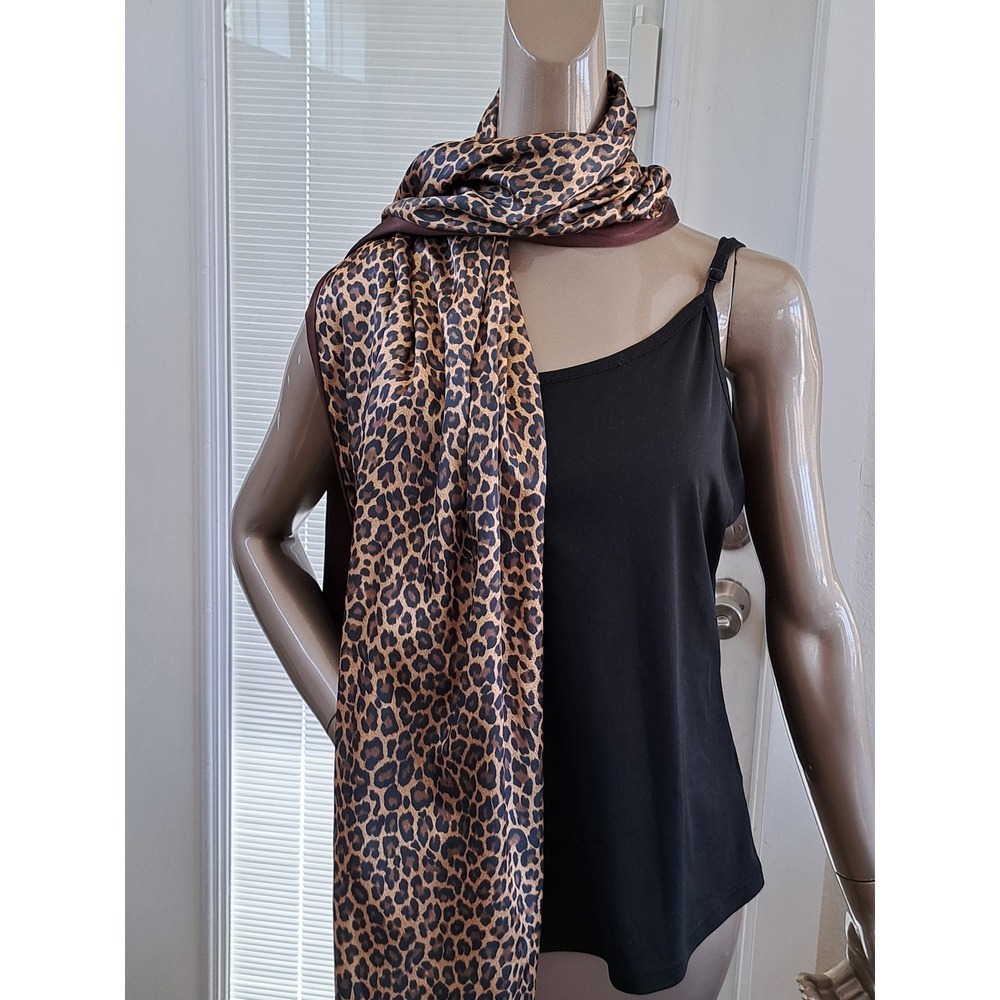 Cejani Leopard Print Reversible Scarf Brown Satin Shawl Wrap Animal Print 69x18